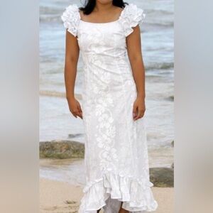 Two palms wedding dress white Hawaiian hibiscus print